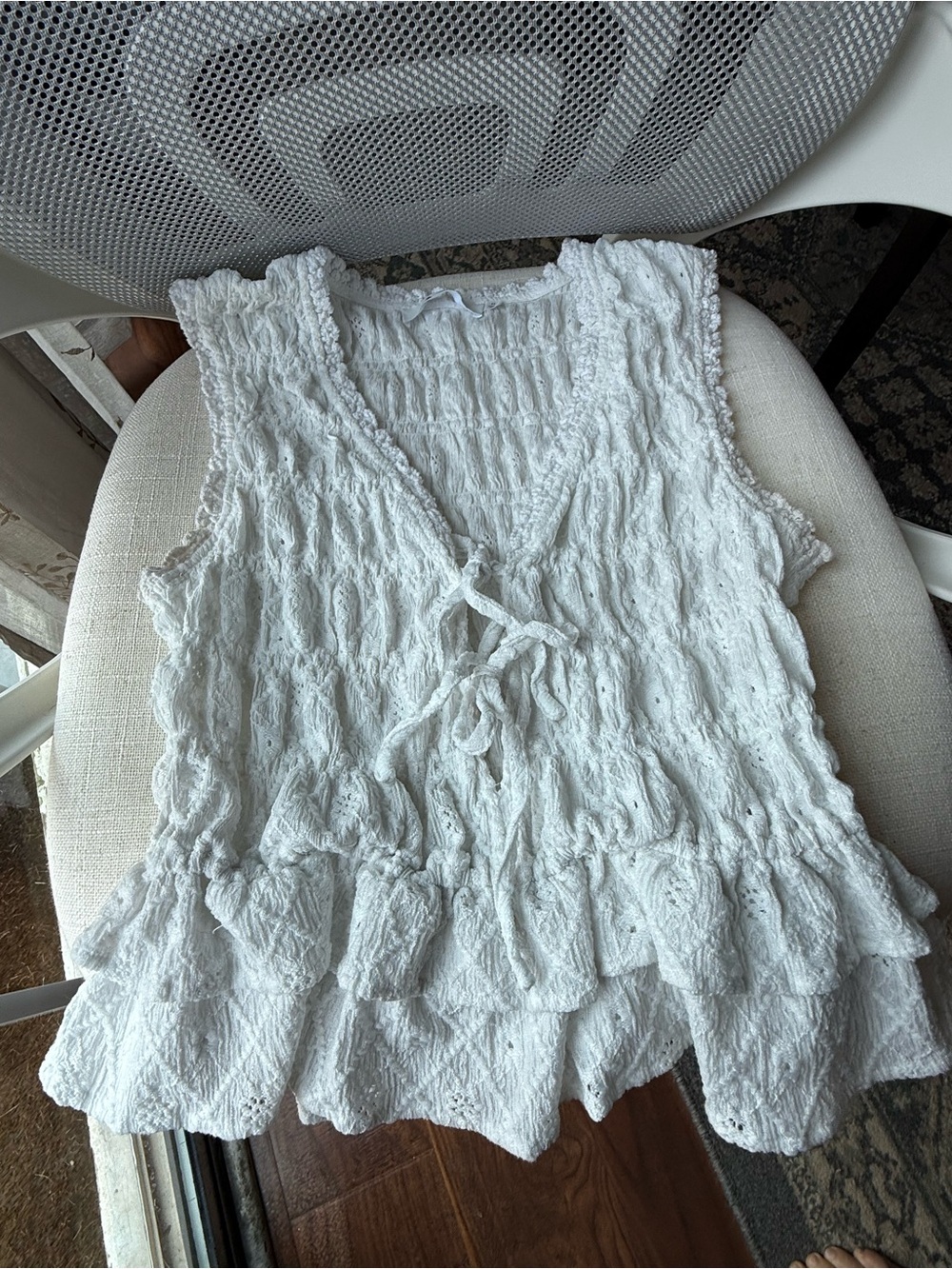 White Textured Tie-Front Sleeveless Top